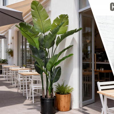 พืชเทียมใบสัมผัสเสมือนจริงคุณภาพสูง Strelitzia Nicolai ทนไฟ นกยูงเทียมสำหรับใช้ในร่มและกลางแจ้ง